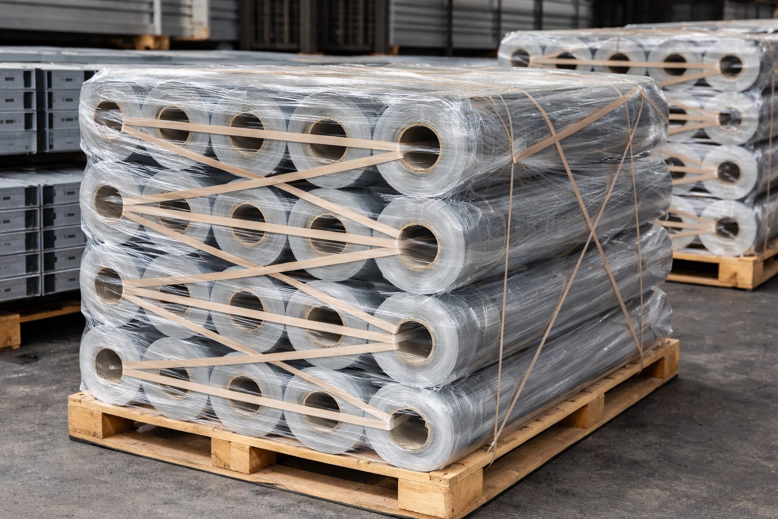 Steel and beam wrap rolls on pallet